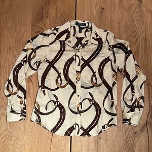 Ralph Lauren Horseshoe Print Button Down Top petite Medium Excellent condition.